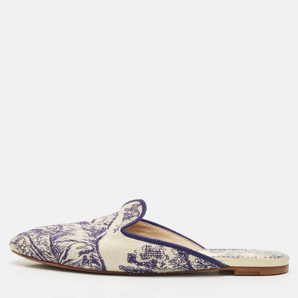 Dior Blue Beige Embroidered Canvas Toile De Jouy Flat Mules Size 39.5