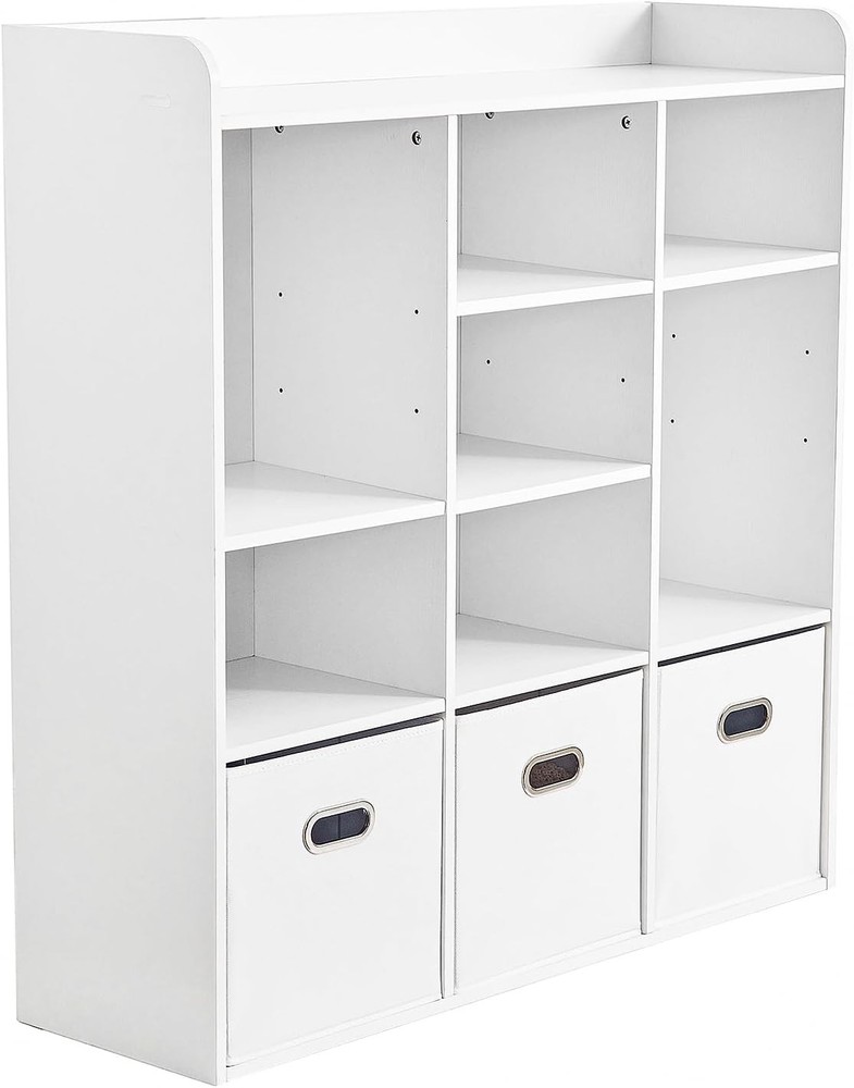 White 7-Cube Bookshelf Organizer with 3 Storage Bins & 3-Tier Wooden Shelves