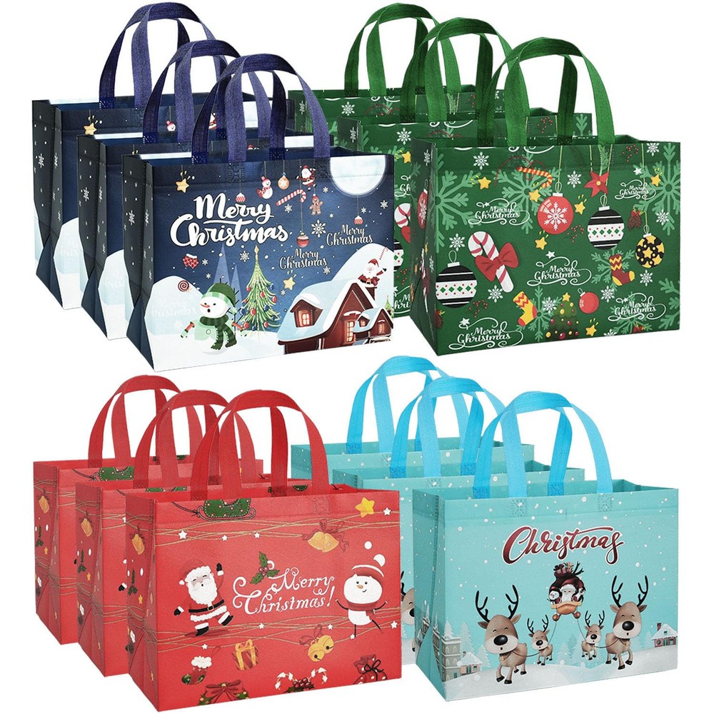 Festive 12-Pack Christmas Tote Gift Bags with Handles