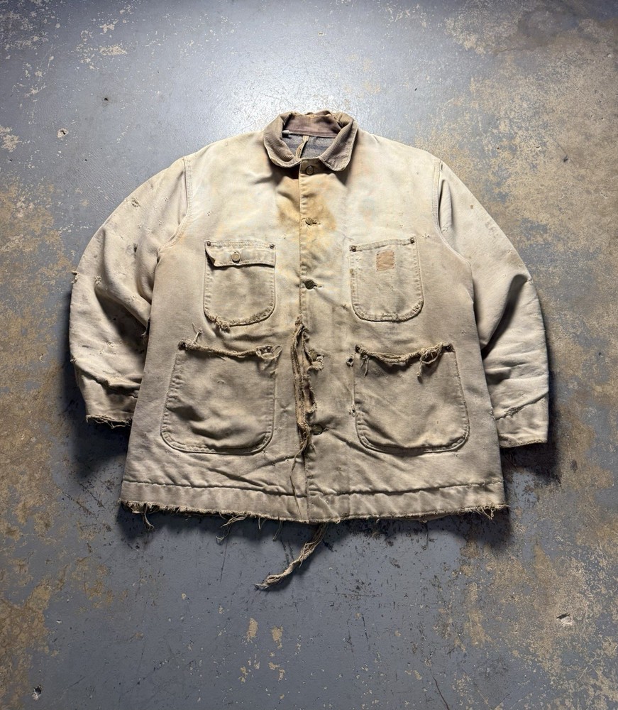Vintage 70s Carhartt Distressed Tan Duck Canvas Blanket-Lined Jacket XL