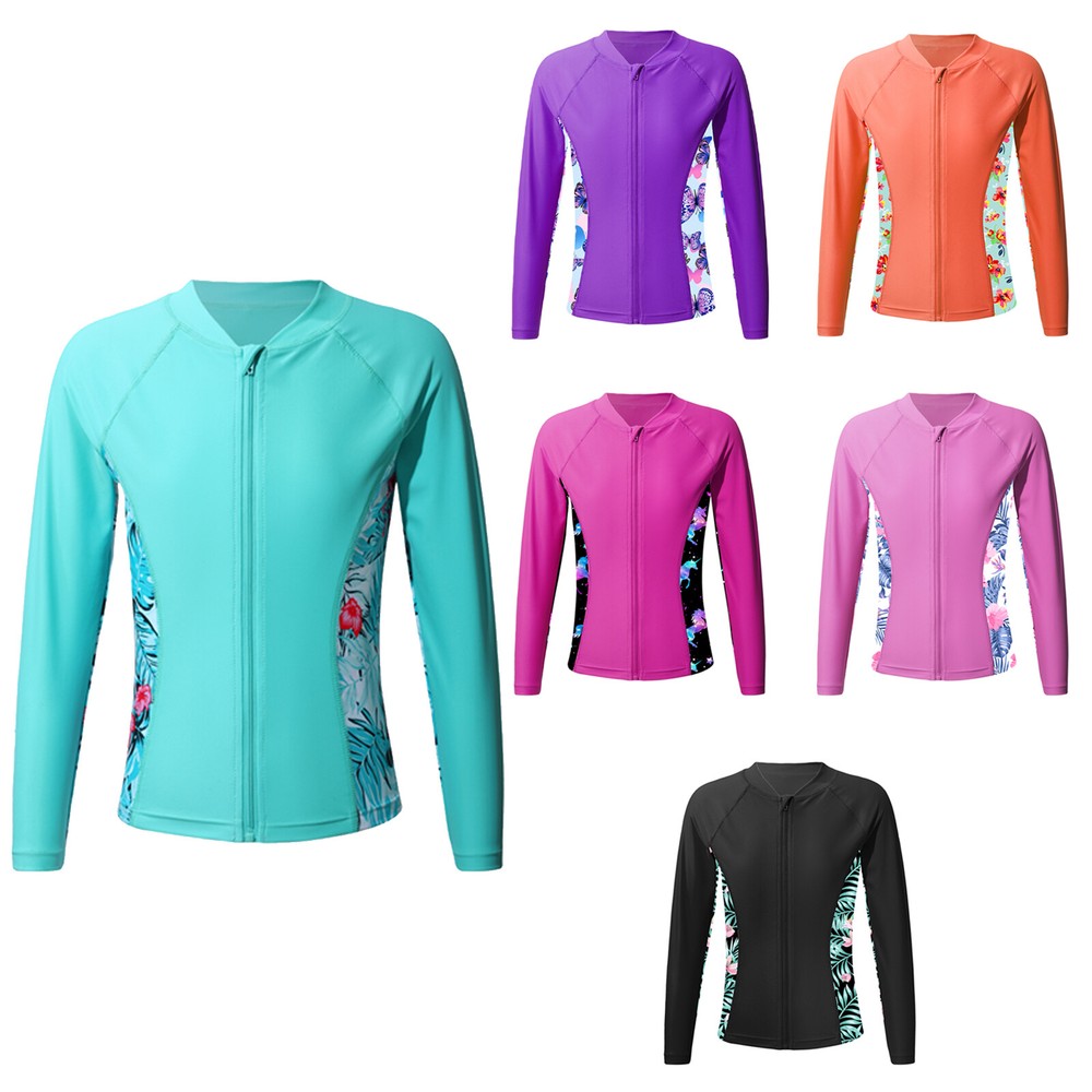 Girls Swim Top Quick Dry Long Sleeve Zip Rash Guard Shirts UPF 50+ UV Protection
