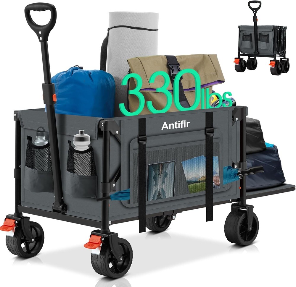 Collapsible Folding Wagon Cart with Tailgate,330LBS Resting Weight Gray