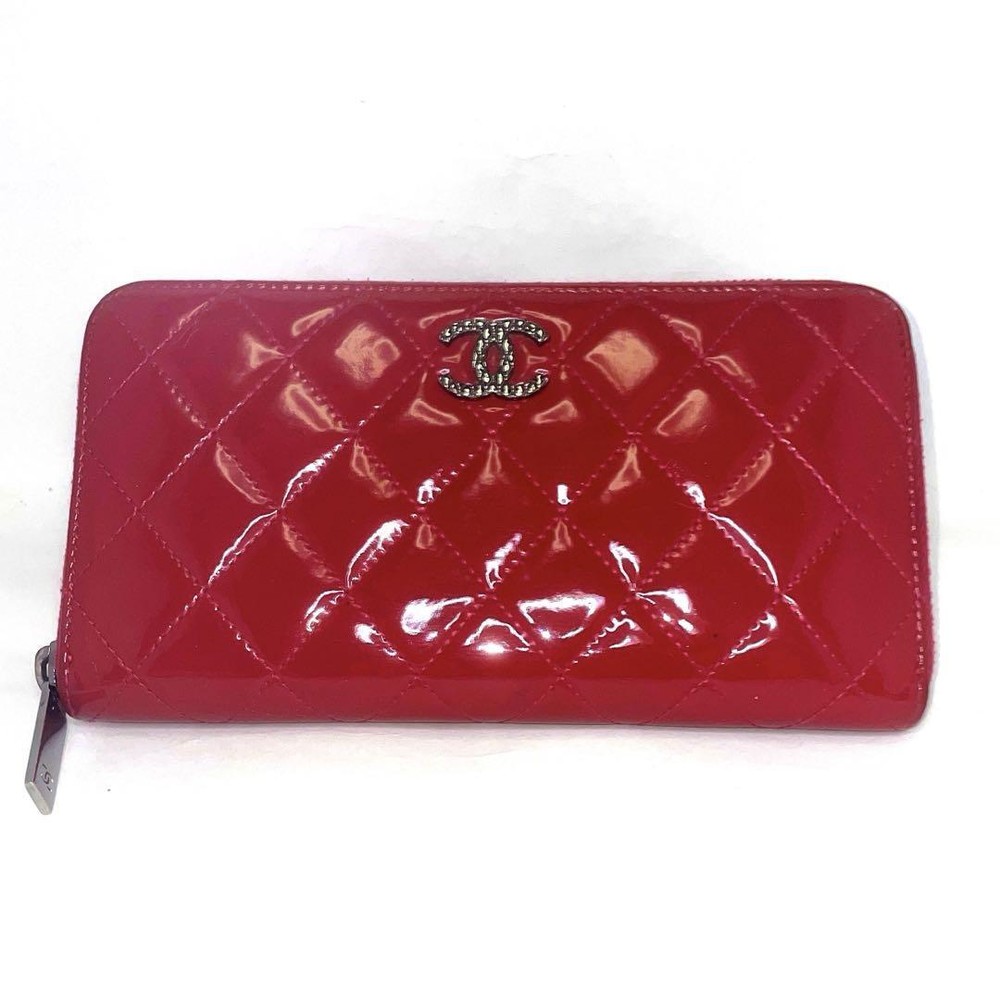 CHANEL Matelasse Brilliant Coco Mark Long wallet Pink Enamel Used Excellent Auth
