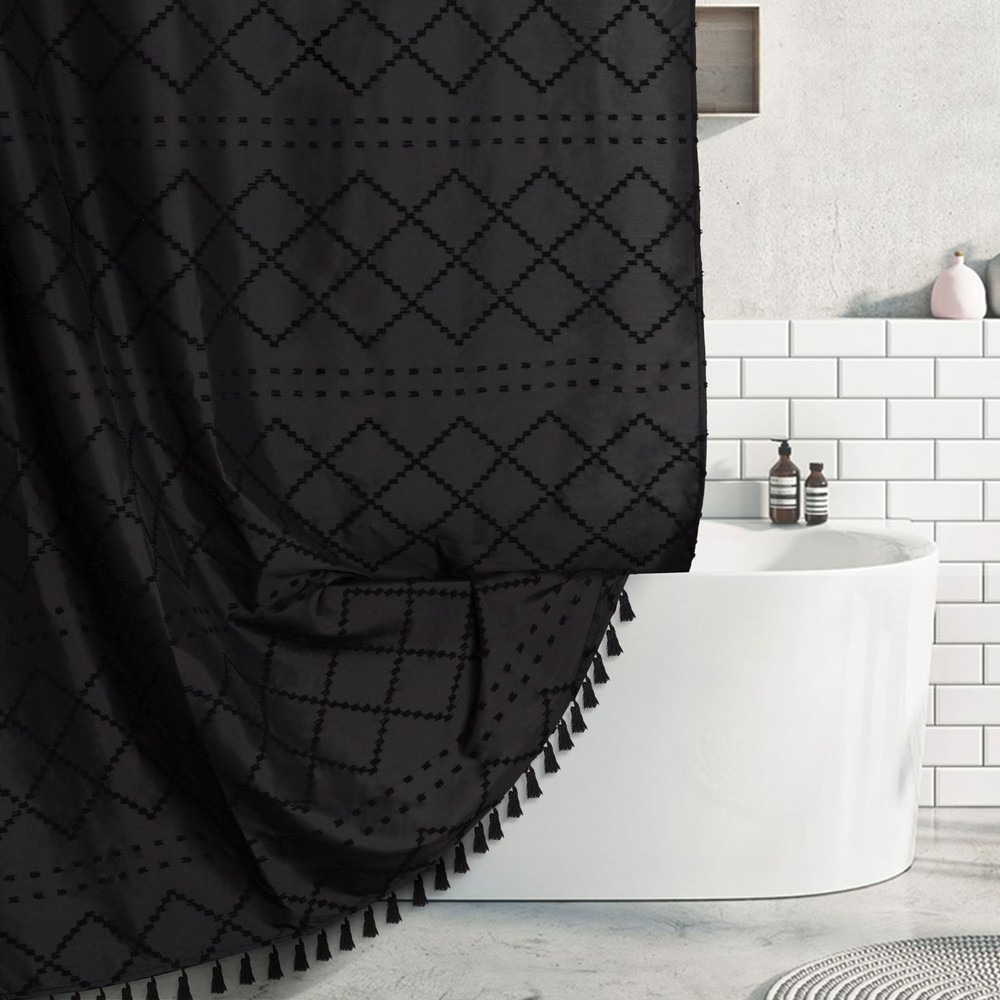 Black Shower Curtain Boho Fabric Shower Curtain Black Tufted Texture Striped ...