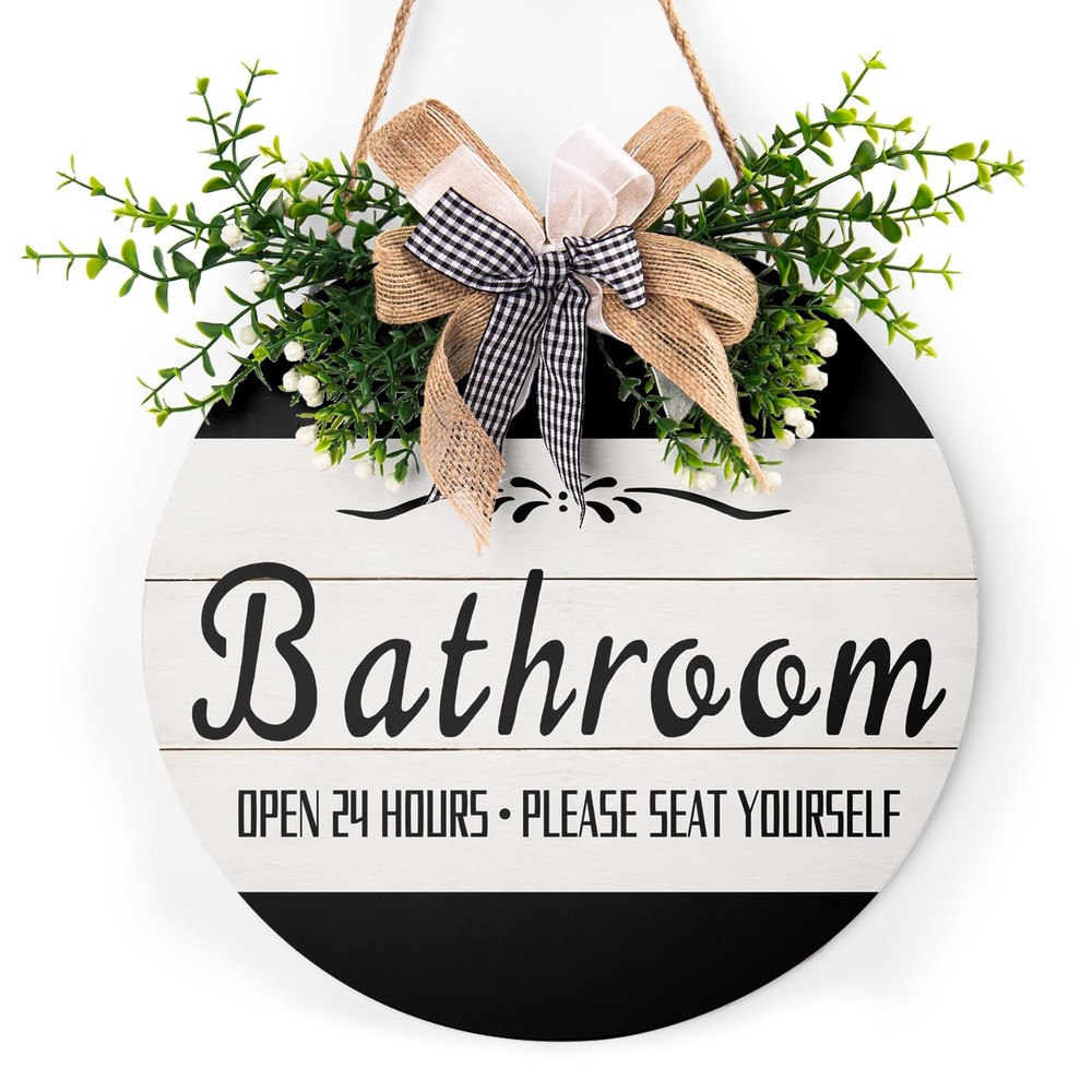 Bathroom Front Door Sign Funny Wreaths Hanging Wooden Plaque Decoration Round...