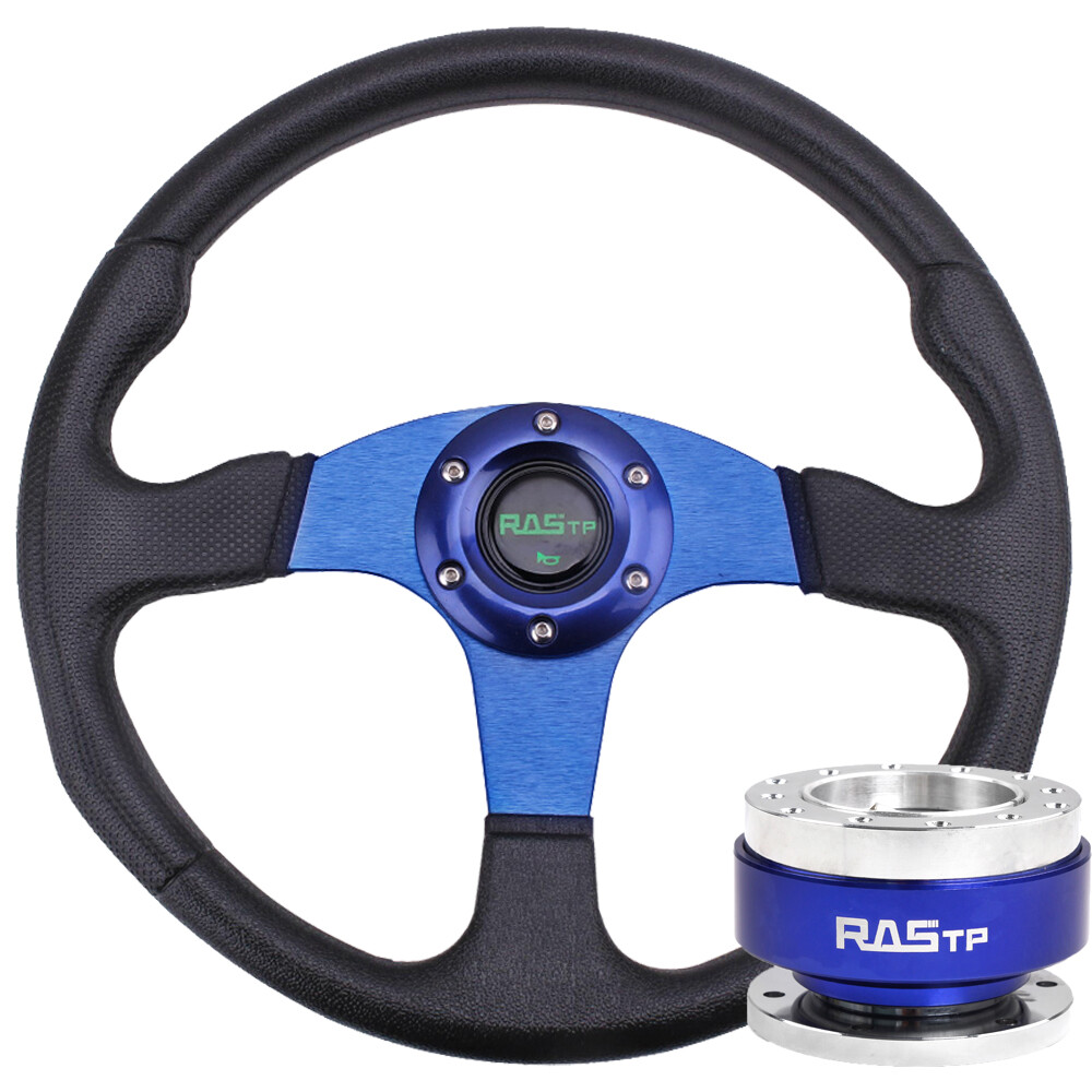 Blue 14inch/350mm PU+Aluminum Car Steering Wheel+Quick Release Adapter Kits