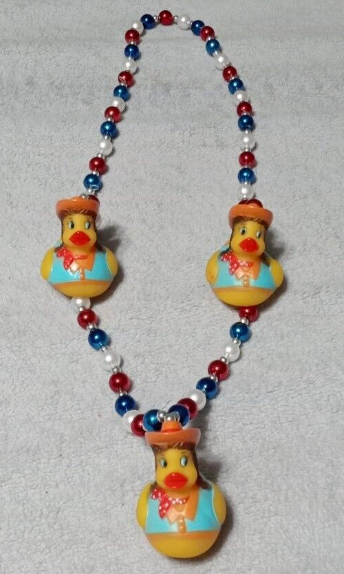 Cowgirl Yellow Rubber Ducky Red White & Blue Bead Necklace Mardi Gras GUC