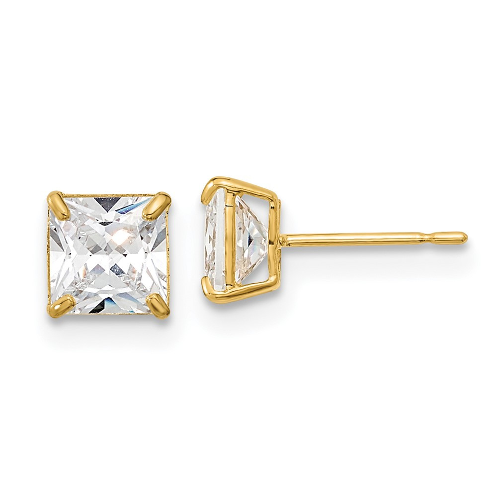 14k Yellow Gold 5mm Square Cubic Zirconia Basket Set Stud Earrings 0.64gm