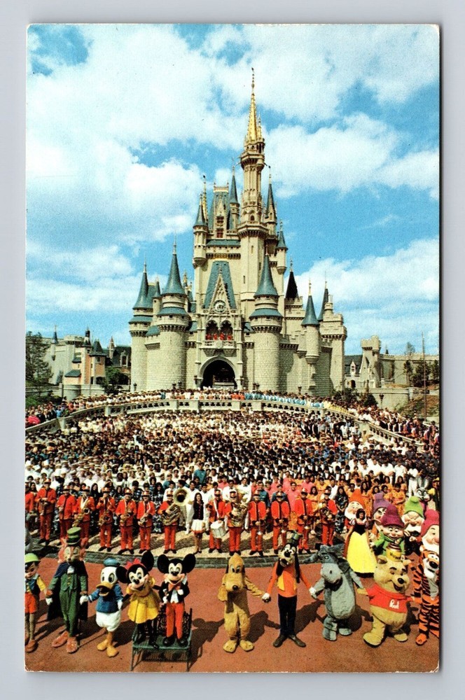 Vintage Mickey Mouse postcard of Disney World Cinderella Castle in Orlando Florida