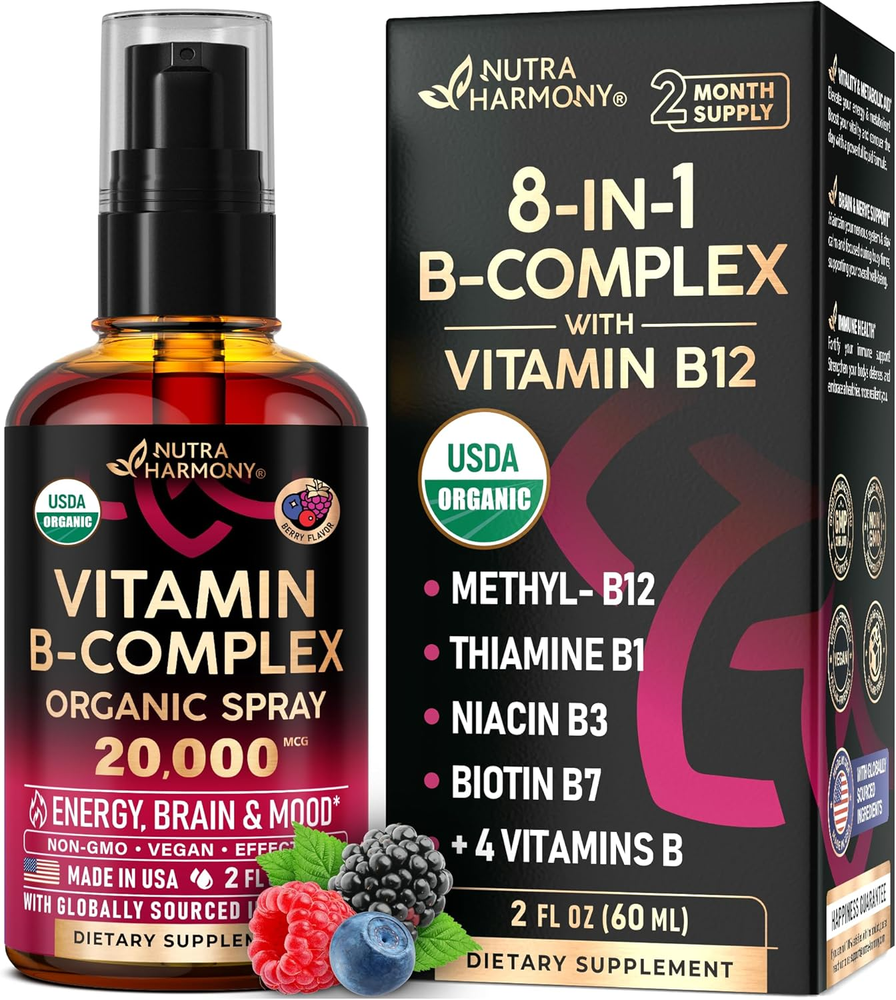 USDA Organic Vitamin B-Complex Liquid Spray 8-In-1 - B5 Pantothenic Acid | B12 M