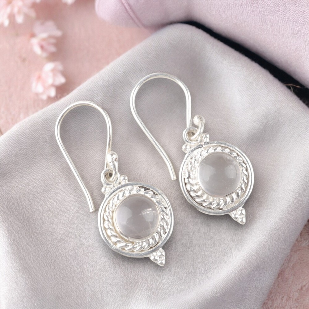 Natural Rose Quartz Gemstone Minimalist Drop Earrings in 925 Silver