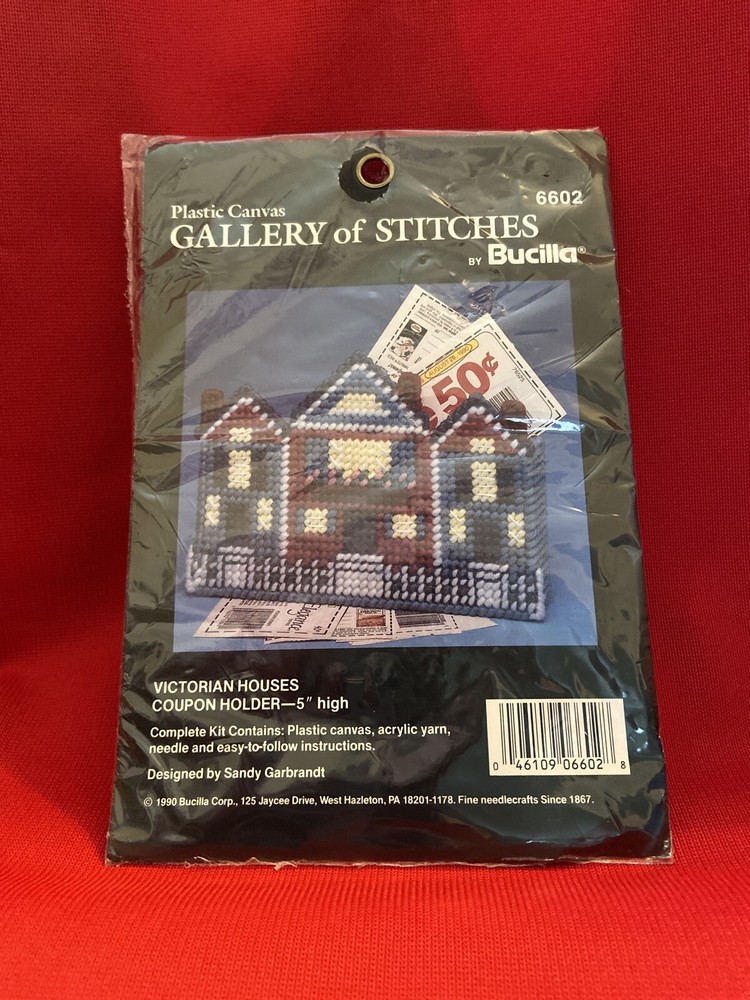 Bucilla COUPON HOLDER  Plastic Canvas Cross Stitch Kit #6602 Victorian Houses-image