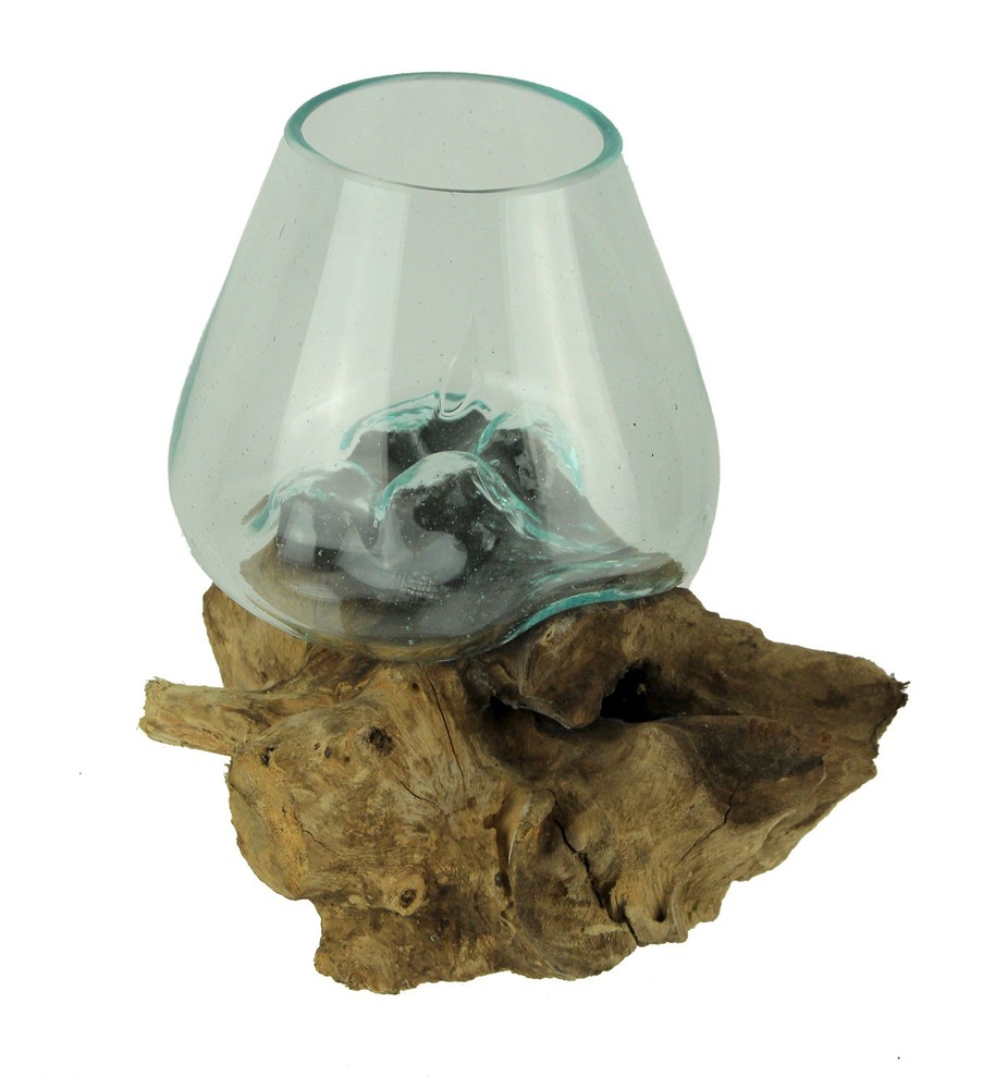 Clear Glass Bowl on Teak Driftwood Base for Planters or Decor