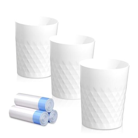 3 Pack Small Trash Can with Trash Bags Bathroom Garbage Bin Round Plastic