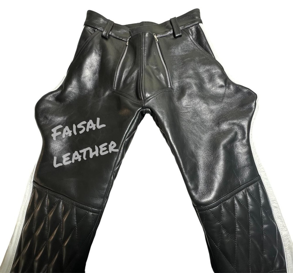 Men's Genuine Cow Black Leather With White Stripes Breeches Style Padded Pant