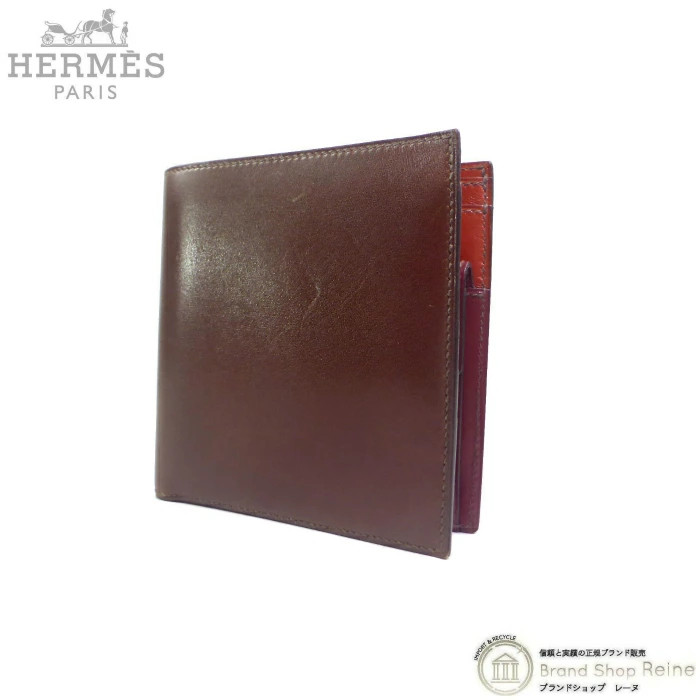 HERMES Box Calf Bifold Wallet Brown Bordeaux Vermilion Vintage Men's Used