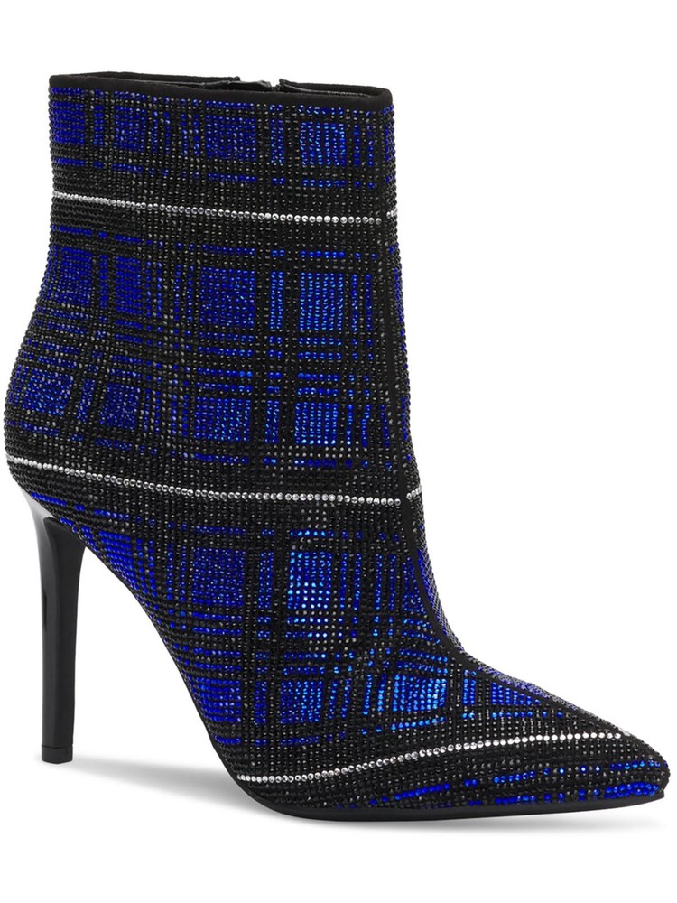 INC Womens Blue Plaid Rhinestone Reisa Pointed Toe Stiletto Zip-Up Booties 5.5 M