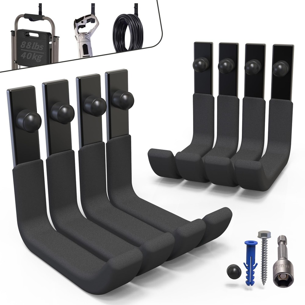 8 Steel Wall Mount Garage Hooks for Ladders & Utility Storage - 8 Pack