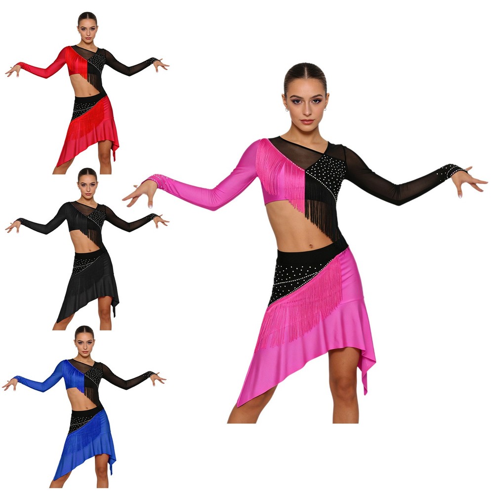 Women Outfits Flamenco Set Dance Ballroom Stage Performance Crop Top Training