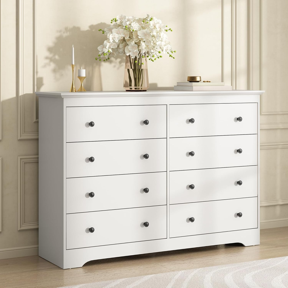 White Dresser for Bedroom, 8 Drawer Dresser with Large Drawers, 55 Inch Wide Woo