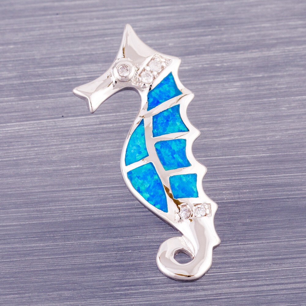 Seahorse Ocean Blue Fire Opal CZ Silver Jewelry Necklace Pendant