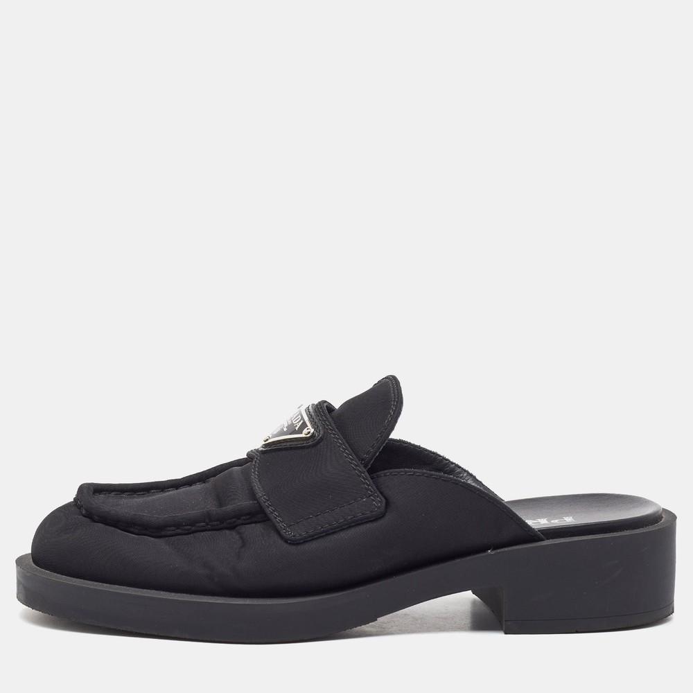 Prada Black Nylon Triangle Logo Loafer Mules Size 36