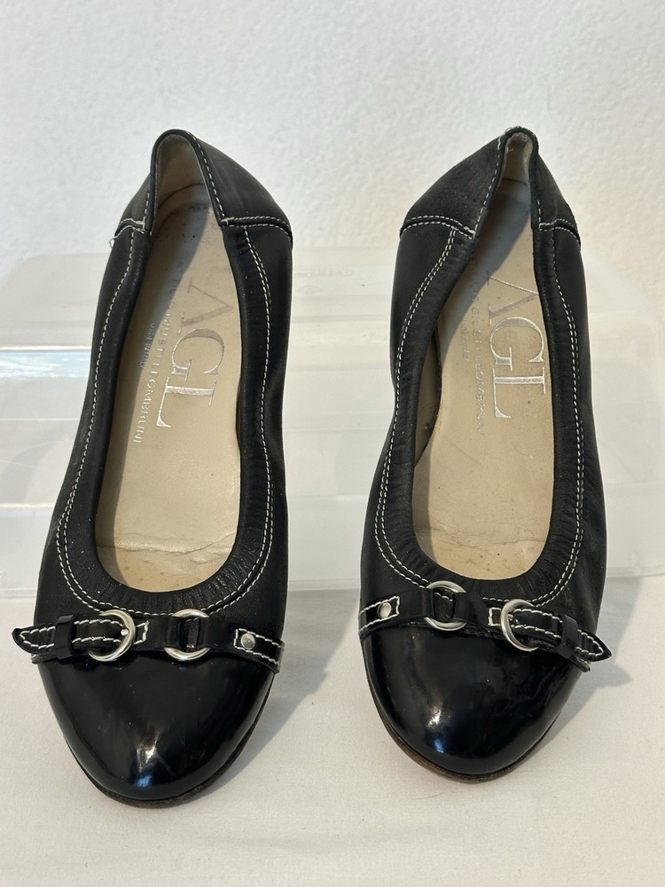 AGL Italy Womens Monika Flat Size 37.5 Black Leather Ballet Shoe Cap Toe Sz 7.5
