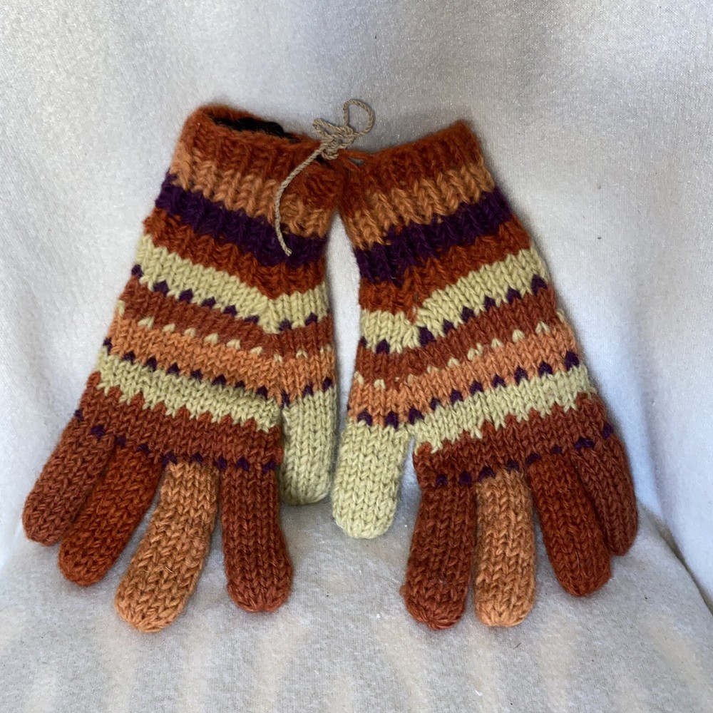 Vintage Hand Knit Gloves Multicolored Brown Orange Womens Warm Wool Fall Season