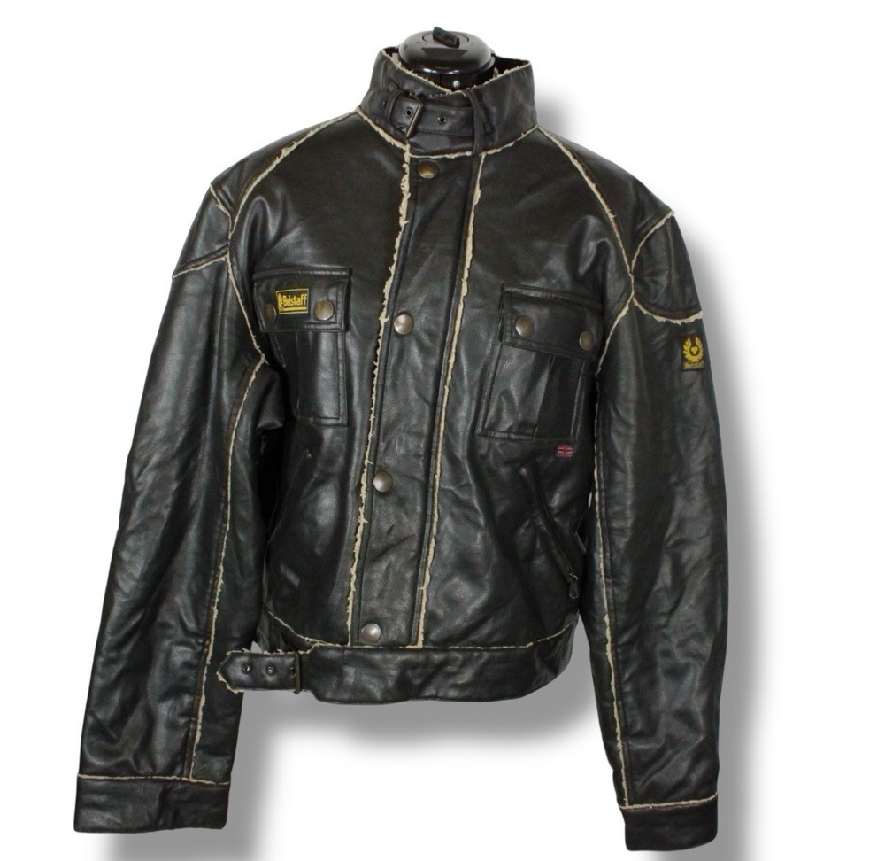 Vintage Belstaff Biker Jacket Sherpa Trim Lining Mens XL Black RAF Moto PVC UK