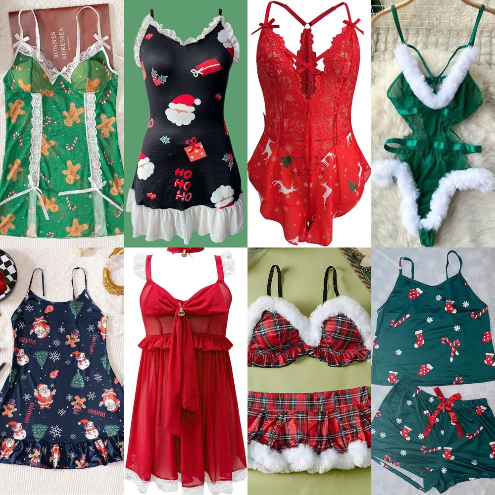 Womens Christmas Lingerie Babydoll Santa Dress Lace Teddy Chemise Sleepwear Set