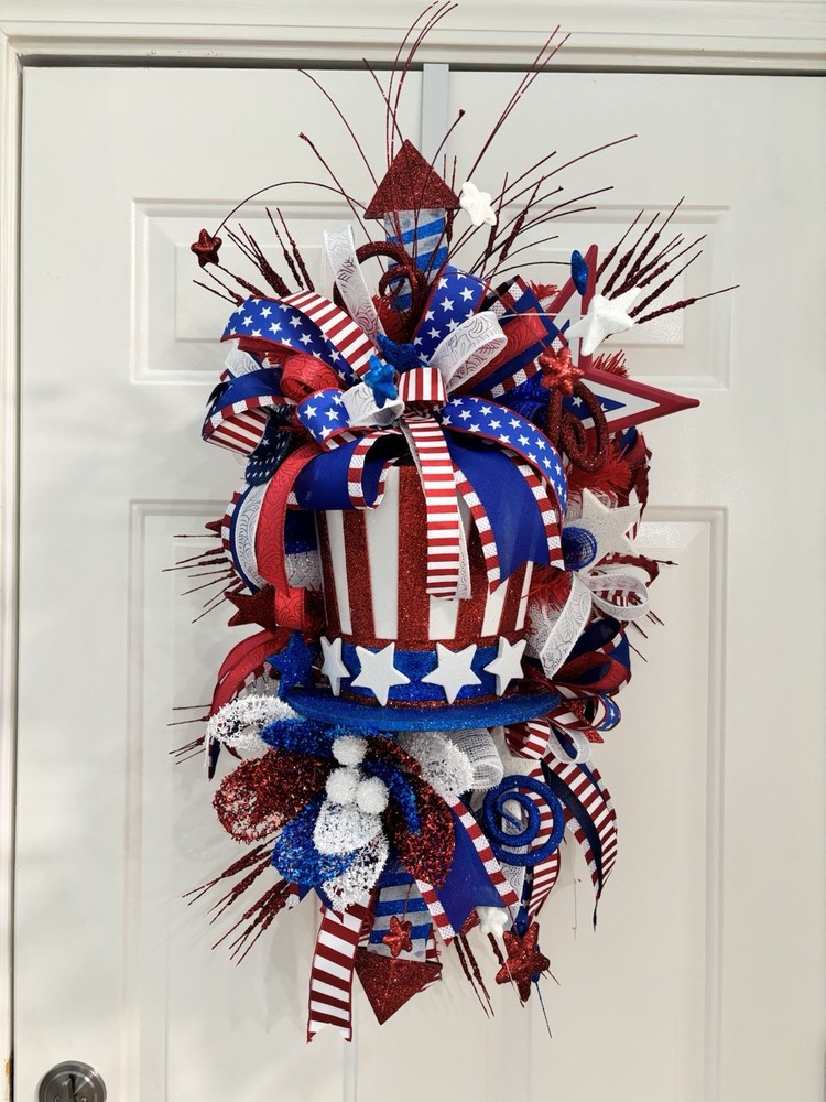 Patriotic Americana 4th of July Wreath Door Swag Top Hat Stars Stripes