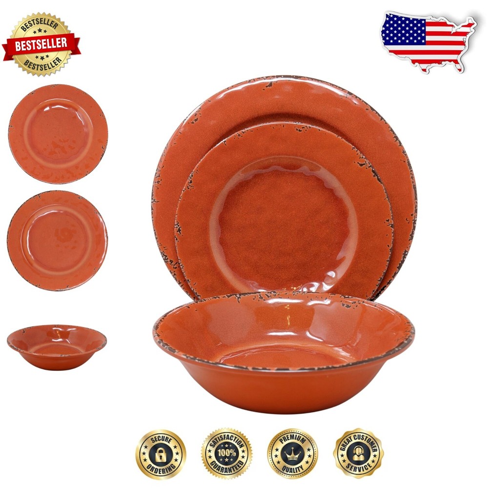 Heavyweight 12-Piece Melamine Dinnerware Set in Coral - Break-Resistant