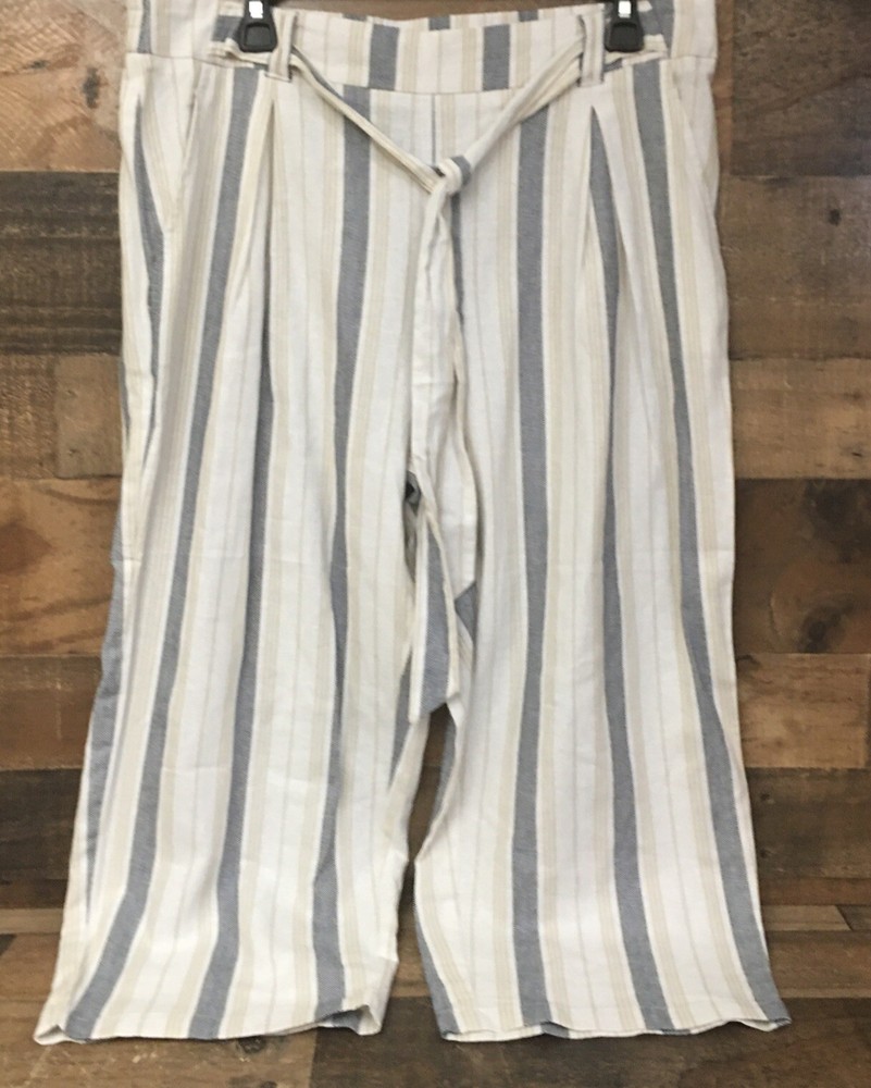 Womens Linen Blend Capri Pants Size Large Striped Beach Belted Straight Leg Boho