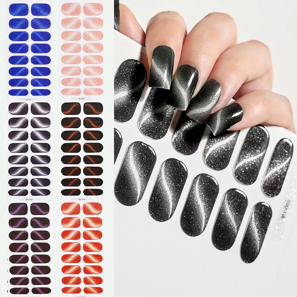 Gel Nail Sticker Full Cover Wraps UV Lamp Semi-Cured Cat Eyes Glitter Nail Decal