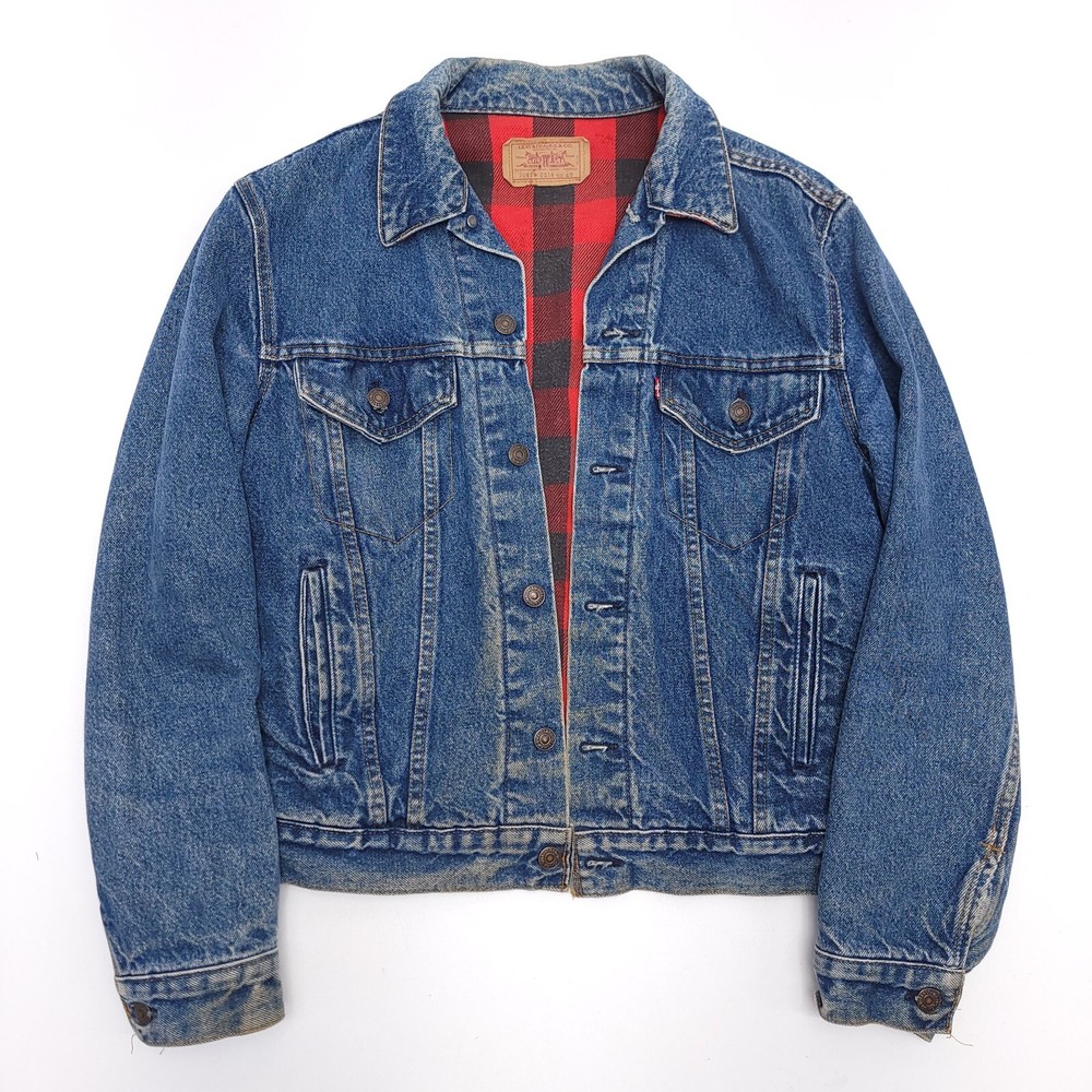 Vintage 80’s Levi’s Trucker Jean Jacket Coat Plaid Lined Made USA Size 40 Levis