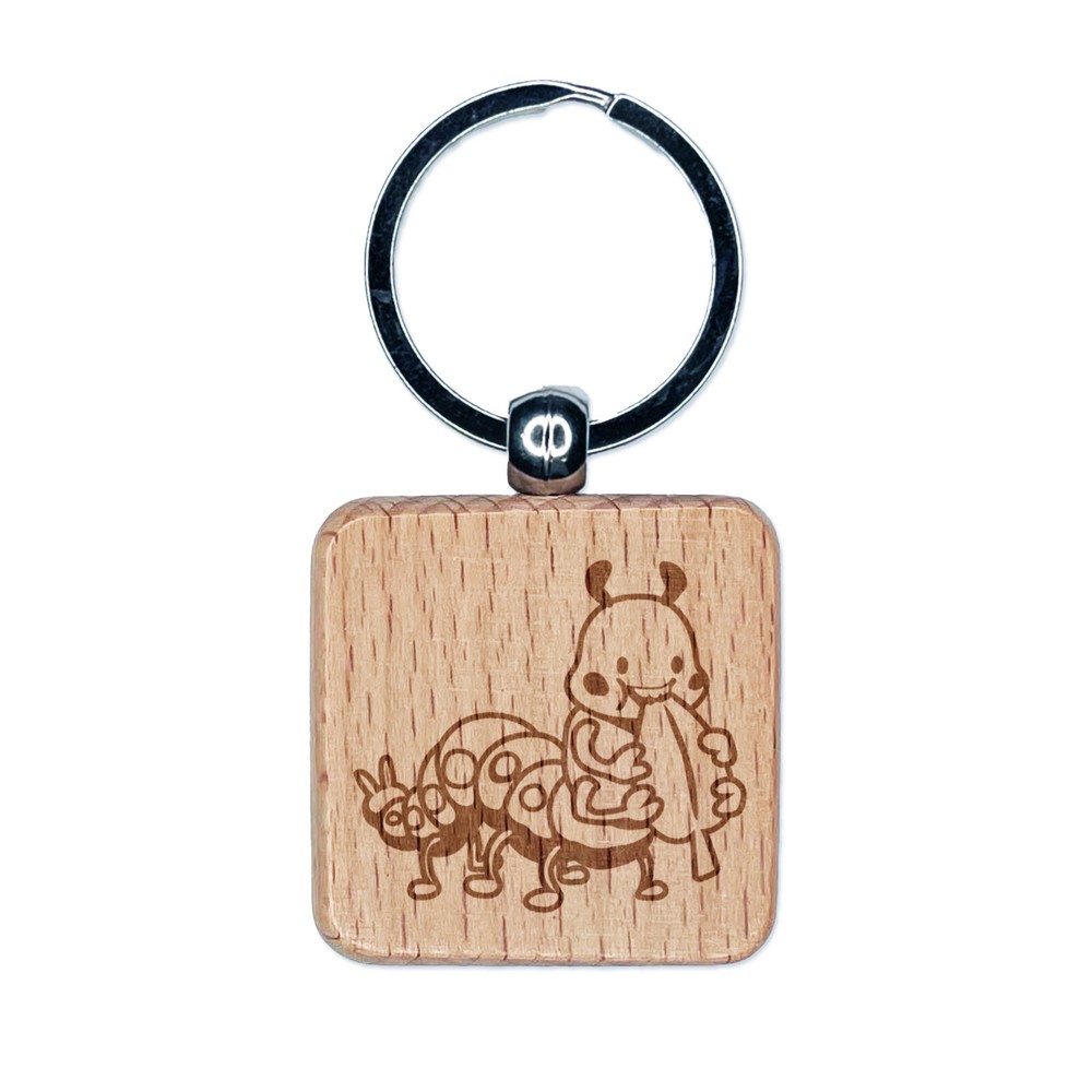 Hungry Caterpillar Eating Leaf Engraved Wood Keychain Charm  