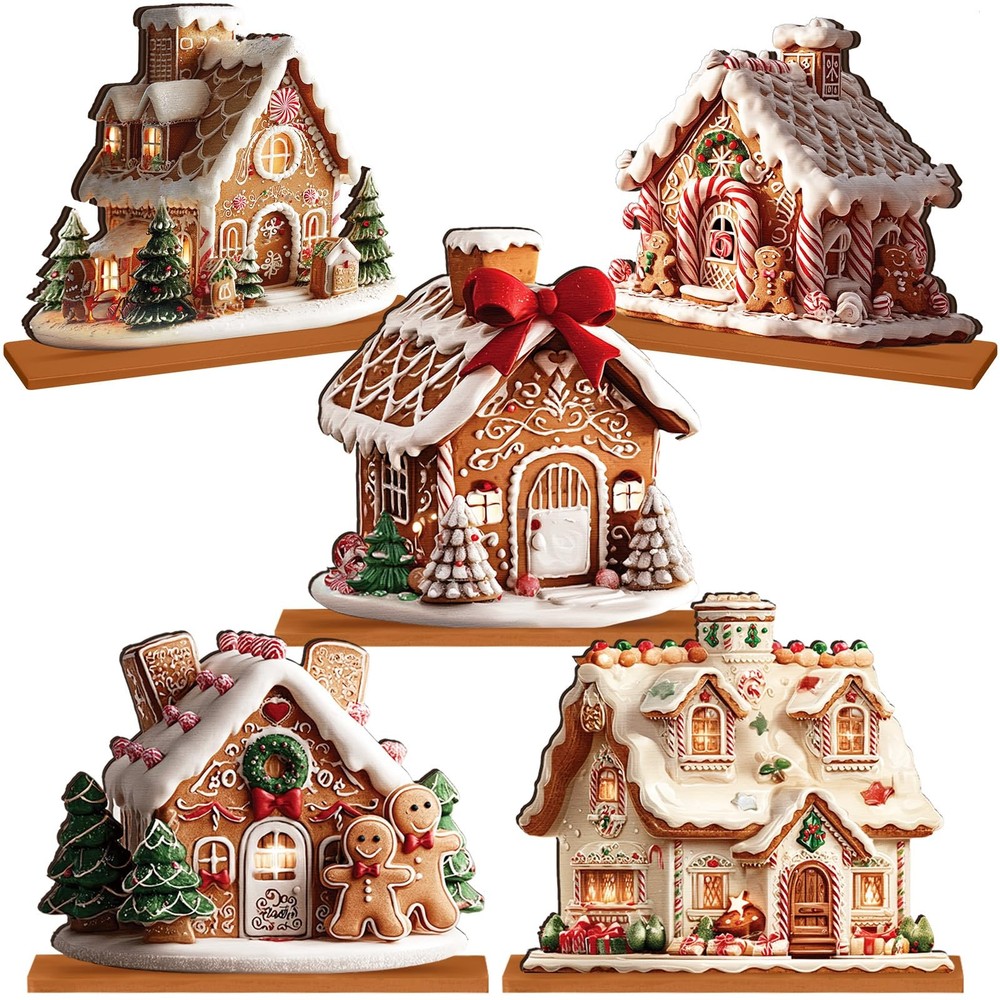Chunful 5 Pcs Gingerbread Christmas Table Decorations Wooden Gingerbread Hous...