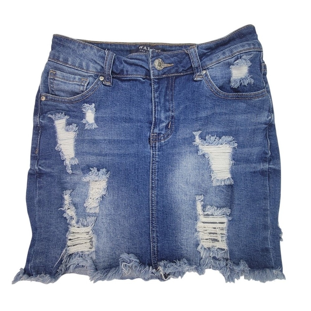 Distressed Ripped Stretch Denim Miniskirt Women's Size S Blue EUC