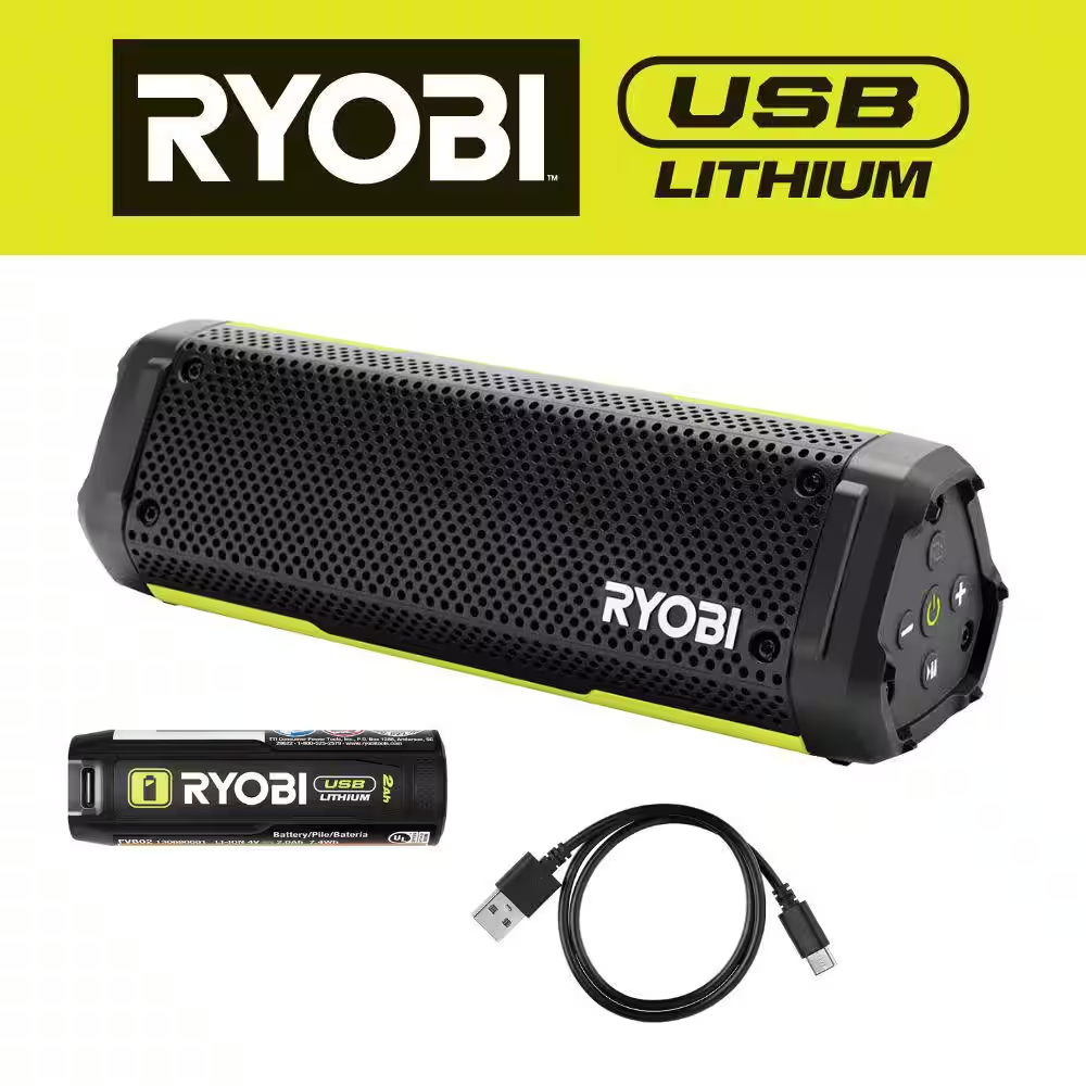 RYOBI USB Lithium Cordless Bluetooth Charging Speaker Kit with 2.0 Ah Battery an