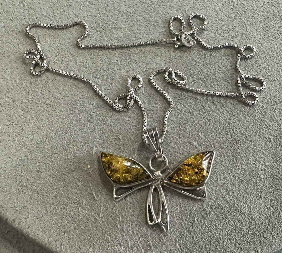 Vintage Sterling Silver Modernist Amber Butterfly Pendant Necklace 18