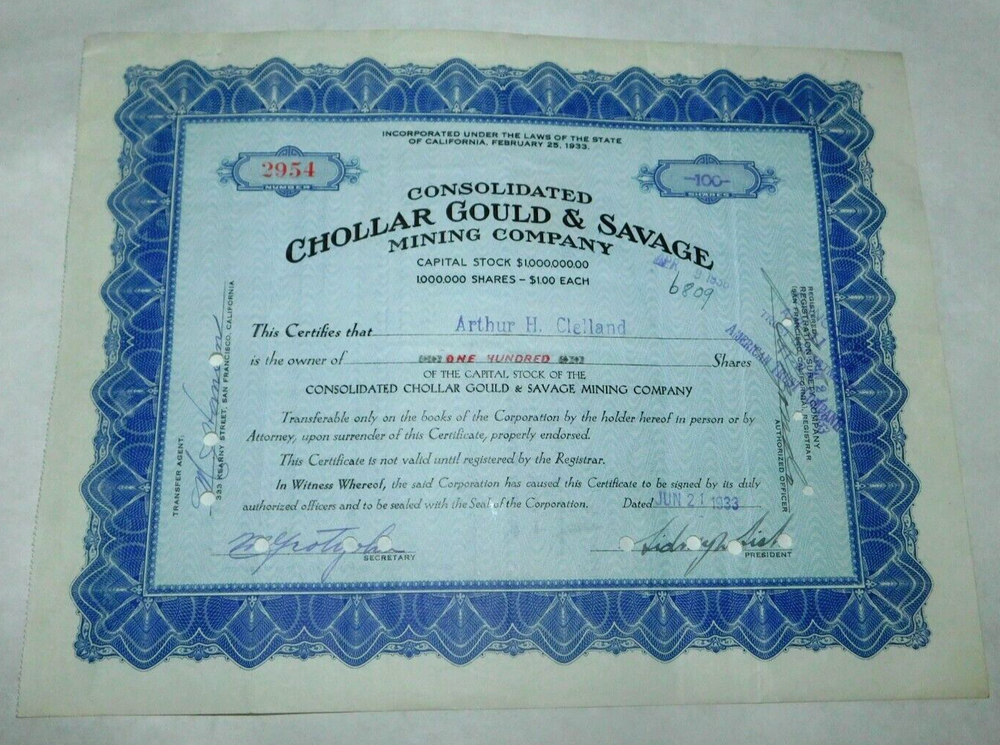 1933 Chollar Gould & Savage Mining Company Capital Stock Certificate