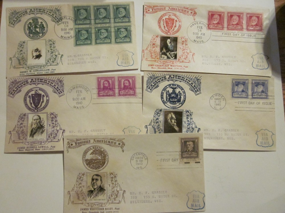 Complete set of 5 FDCs American POETS Crosby PHOTO Cachet AIRMAIL 859-863