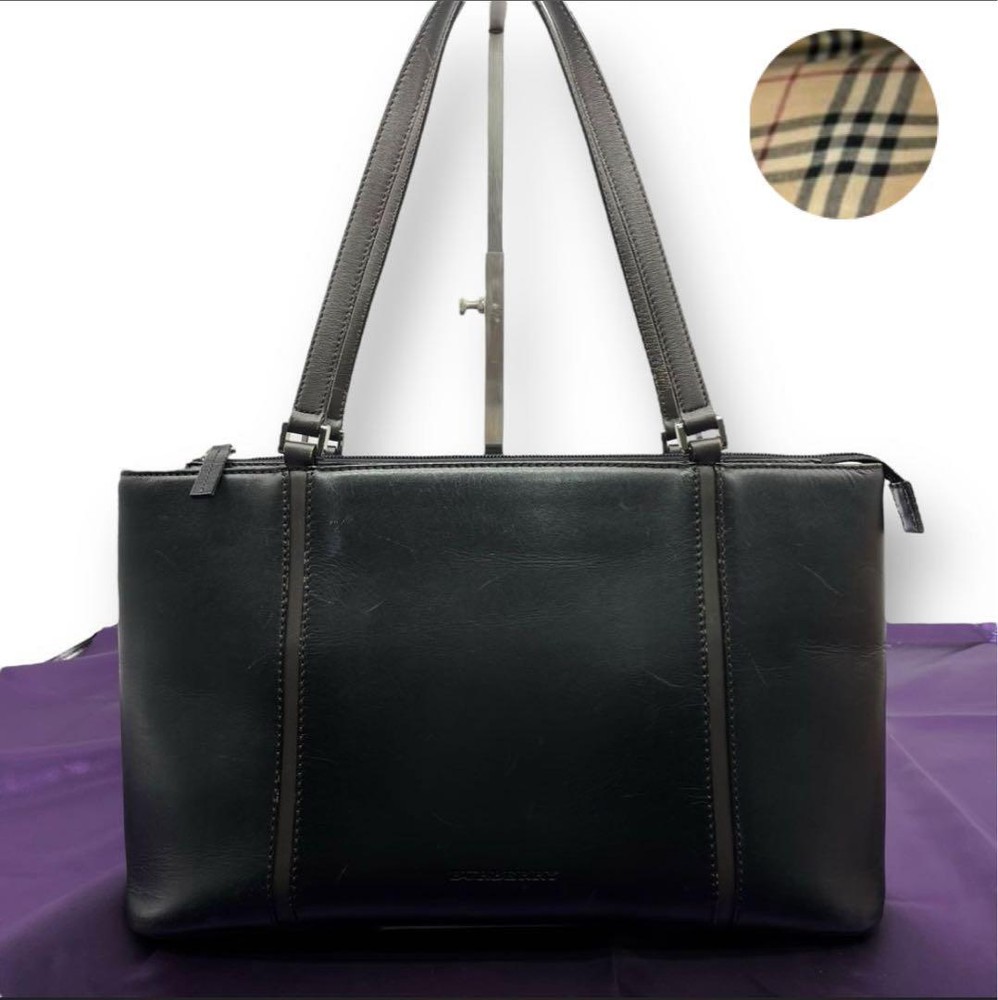 Burberry Nova Check Tote Bag Logo Leather A4 Black E2008
