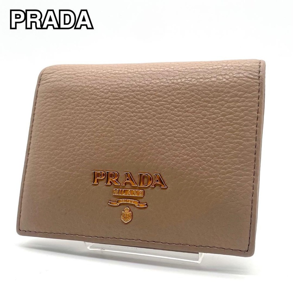 PRADA VITELLO GRAIN Leather Bi-fold Wallet in Beige with Gold Hardware Rare Excellent Condition