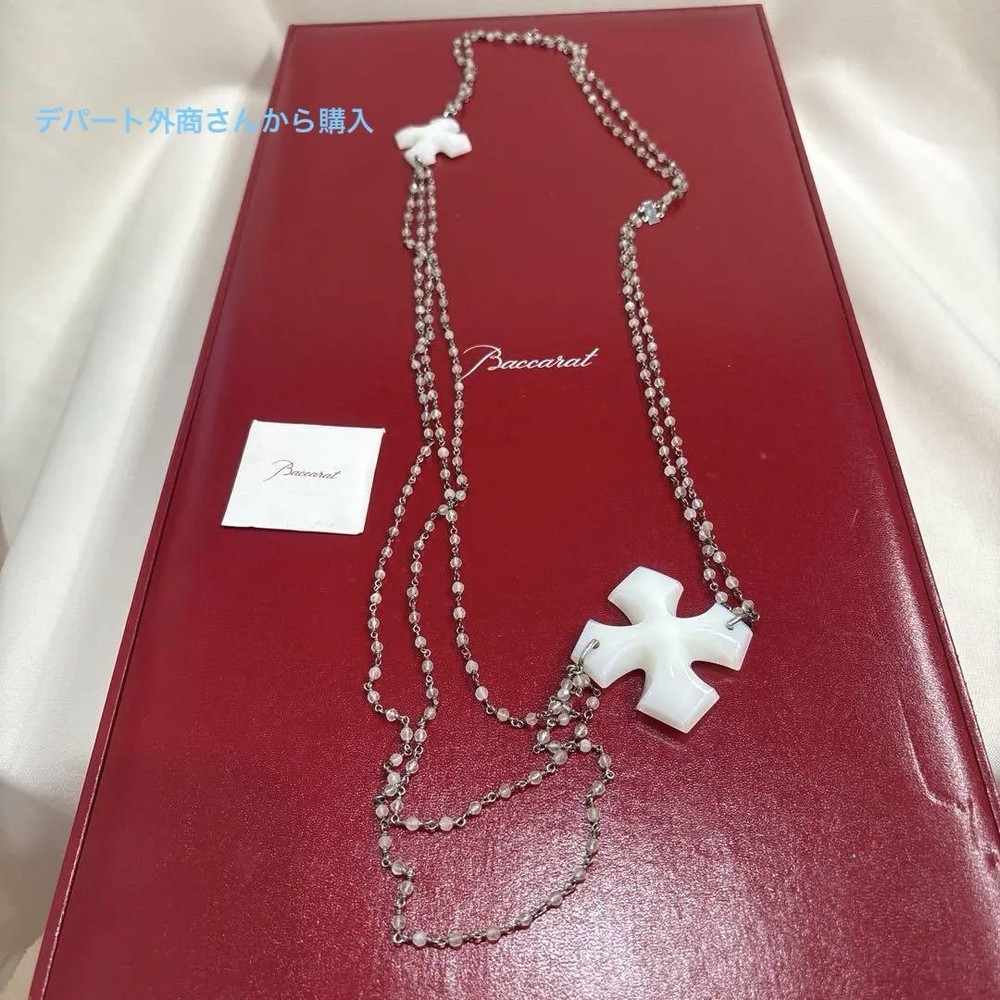 Baccarat Long Necklace Pendant Cross Rosalie Long Opal Silver White W/Box Used
