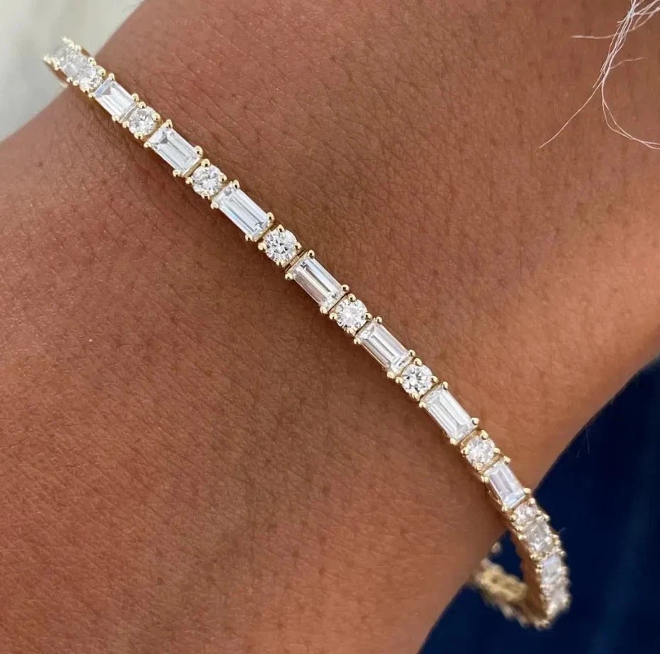 9TCW Baguette & Round Cut Created Diamond Tennis Bracelet 14K Yellow Gold Plated