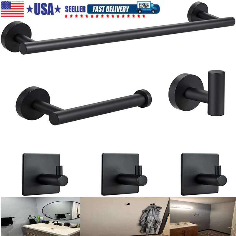 6 Pcs Black Bathroom Hardware Set Stainless Steel Towel Bar Towel Racks Hooks
