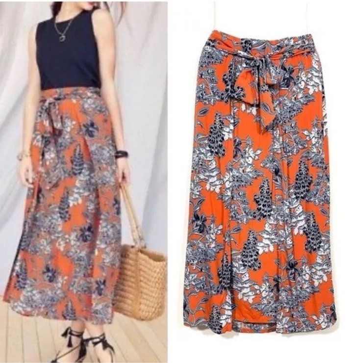 Cabi (Sz M) Calypso Floral Skirt Paradise Faux Wrap Slits Pull-On Maxi Orange