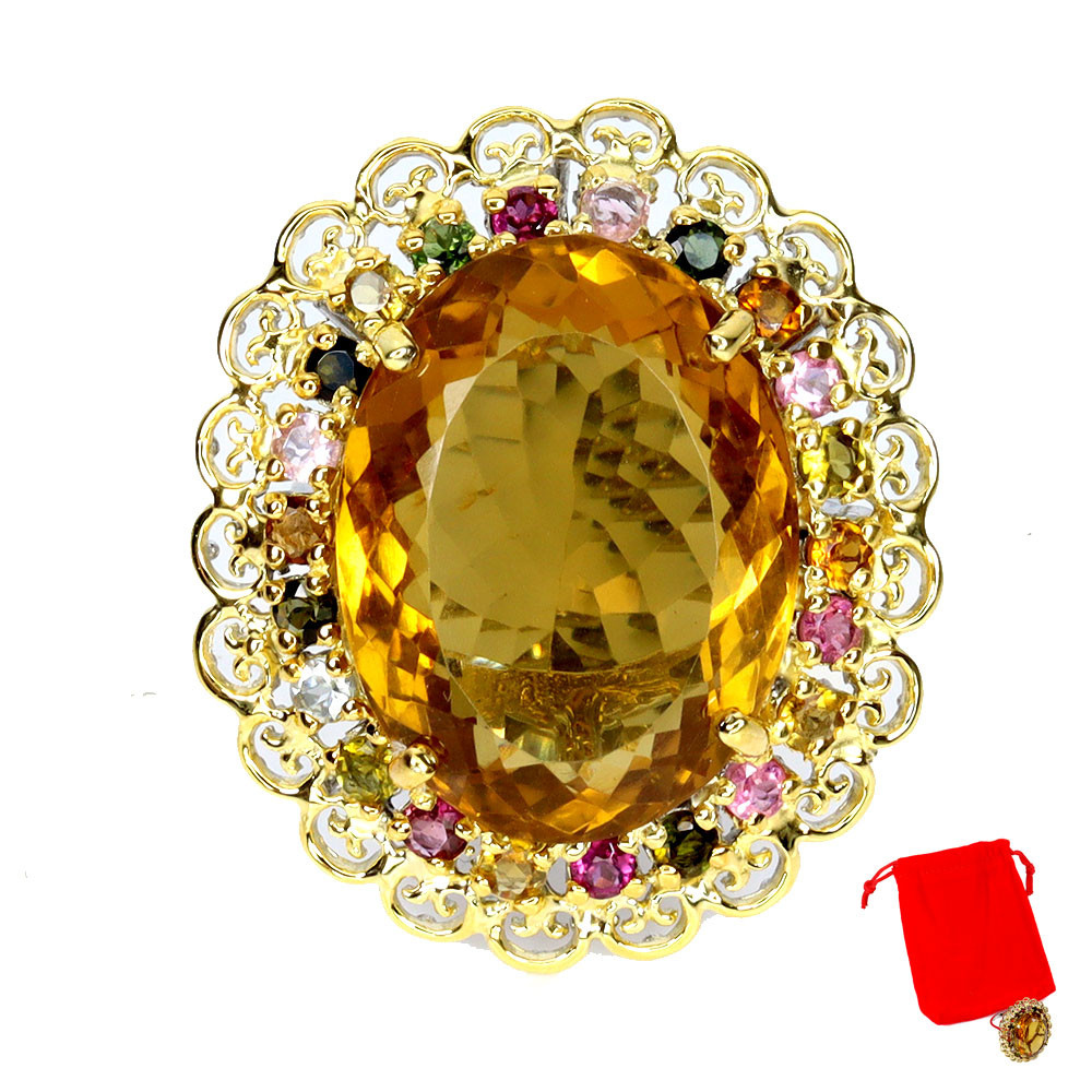 925 Sterling Silver Oval Citrine Ring with 37ct Tourmaline Handmade Jewelry