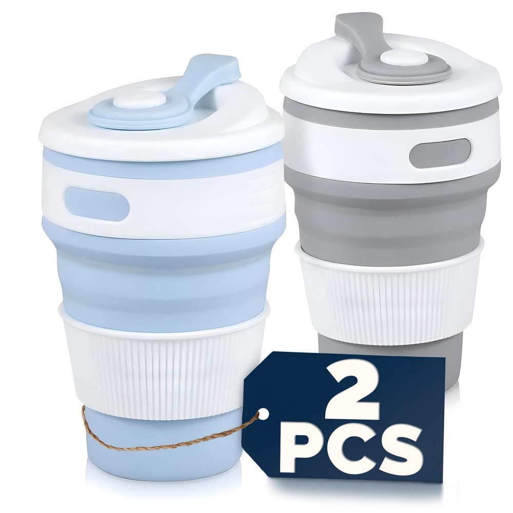 Tesorrio 2-Pack Collapsible 12oz Reusable Leakproof Coffee Cups Travel-Friendly